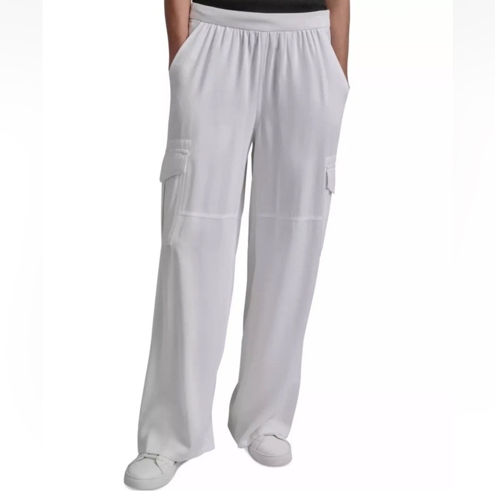 DKNY Womens White Twill Pull On Cargo Wide Leg Pants Trousers Size S